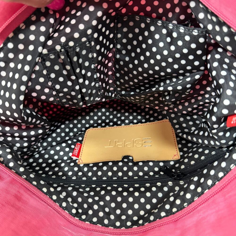 Esprit Pink Nylon Hobo Shoulder Bag Tan Straps Polka Dot Lining Y2K - Picture 16 of 16